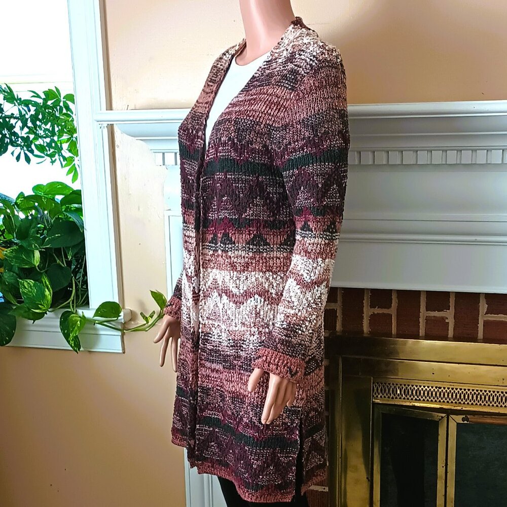Brown Long Cardigan Sweater M Multicolored Cozy Boho Knit Side Slits